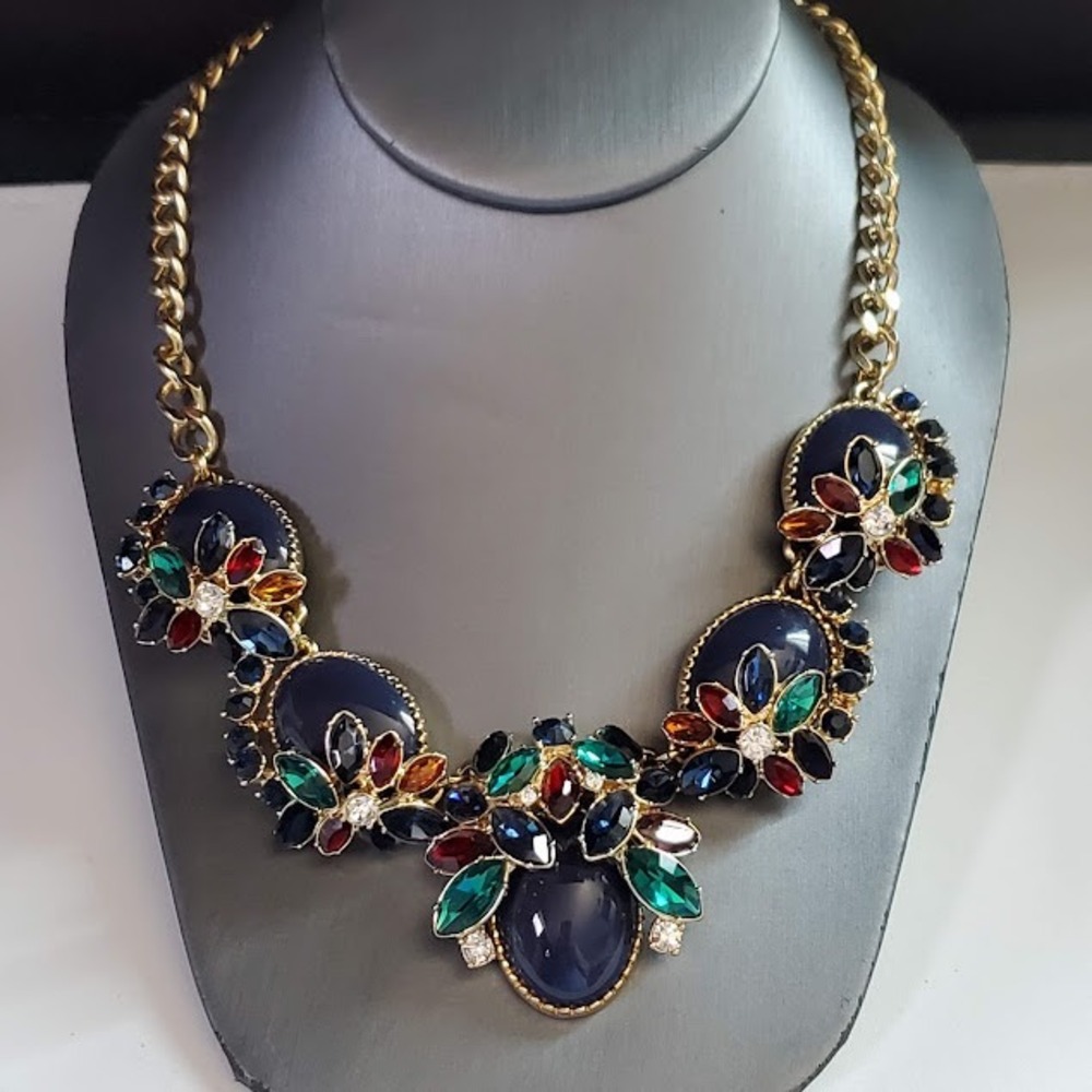 Talbots Gold Tone Multi Color Jewel Tone Cabochon Floral Statement Necklace